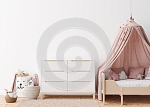 Empty white wall in modern child room. Mock up interior in scandinavian style. Free, copy space for your picture, poster