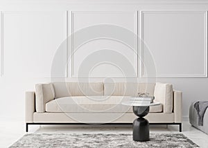 Empty white wall with moldings in modern living room. Mock up interior in contemporary style. Free, copy space for