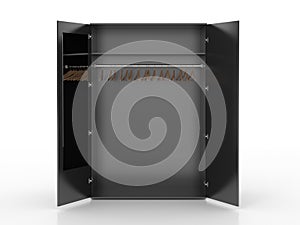 Empty white wardrobe and hangers isolated on white background