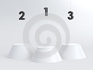 Empty white winners podium with hanging number. 3D rendering.
