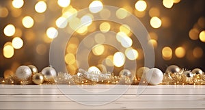 Empty white wood table top with abstract warm living room decor with christmas tree string light blur background