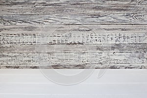 Empty white wooden background. Texture of old gray and white panel board with scuffs. Gray wooden wall and white rustic floor as