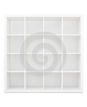 Empty white wooden bookshelf