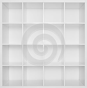 Empty white wooden bookshelf