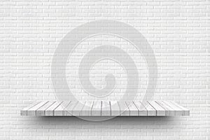 Empty white wooden shelf on old white brick wall background texture for display products