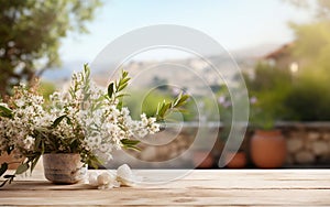 Empty white wooden table in the foregrou Generative Ai