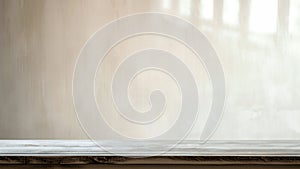 Empty white wooden table top on white wall background with sunlight reflection of window. For product display.