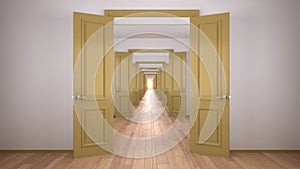 Empty white and yellow architectural interior with infinite open doors, endless corridor of doorway, walkaway, labyrinth. Move