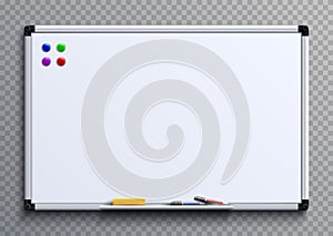 Empty whiteboard with marker pens and magnets. Business presentation office white board isolated vector mockup