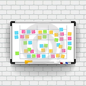 Empty whiteboard with marker pens and note paper. Business presentation office white board isolated vector mockup. Vector