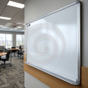 Empty whiteboard in a modern office or classroom setting.