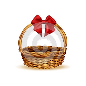 Empty wicker basket with red ribbon bow. Vector