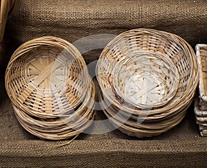 Empty wicker baskets for sale in a market place