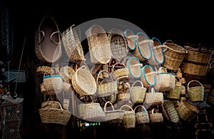 Empty wicker baskets for sale in a market place