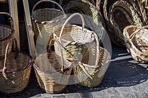 Empty wicker baskets for sale in a market place