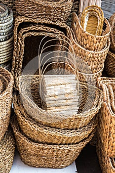 Empty wicker baskets for sale in a market place