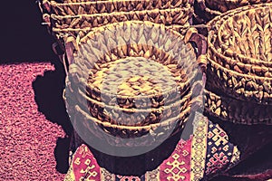 Empty wicker baskets for sale in a market place