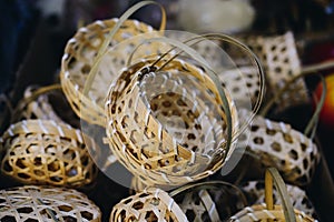 Empty wicker baskets for sale in a market place