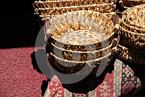 Empty wicker baskets for sale in a market place