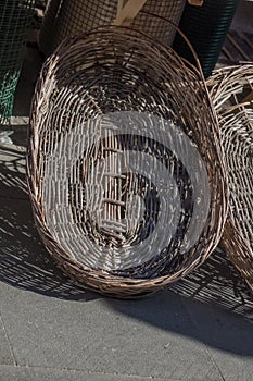 Empty wicker baskets for sale in a market place