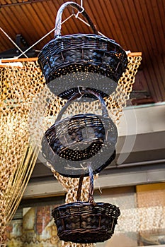 Empty wicker baskets for sale in a market place