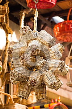 Empty wicker baskets for sale in a market place