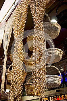 Empty wicker baskets for sale in a market place