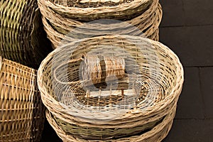 Empty wicker baskets for sale in a market place