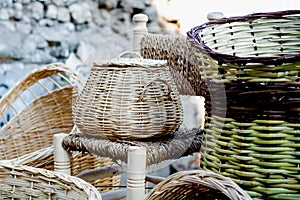 Empty wicker baskets for sale in a market place