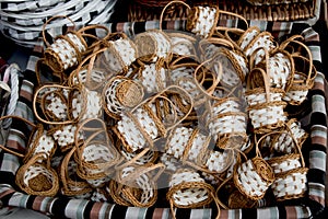 Empty wicker baskets for sale in a market place