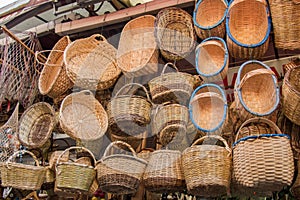 Empty wicker baskets for sale in a market place