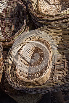 Empty wicker baskets for sale in a market place