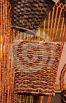 Empty wicker baskets for sale in a market place