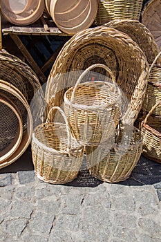 Empty wicker baskets for sale in a market place