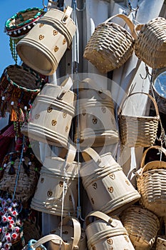 Empty wicker baskets for sale in a market place