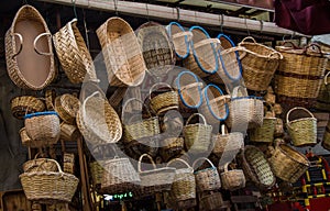 Empty wicker baskets for sale in a market place