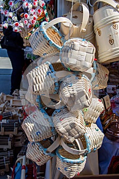 Empty wicker baskets for sale in a market place