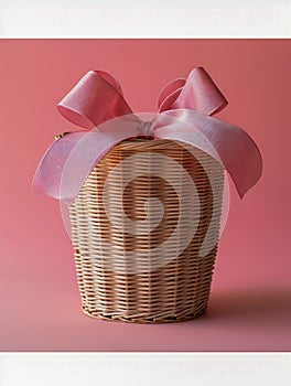 Empty Wicker Gift Basket with Large Pink Bow on Pastel Pink Background Gifting Concept photo