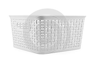 Empty wicker picnic basket on white background photo
