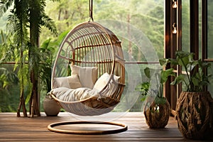 Empty wicker rattan hanging chair with pillows on terrace of an eco villa or eco hotel with view of jungle in tropical