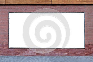 Empty wide tarpaulin billboard mockup on brick wall