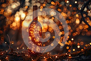 An empty wine bottle with led lights inside on background