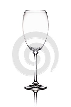 Empty wine glass goblets stands on a mirror surface. isolated on white background