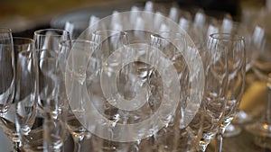 Empty wine glasses for alcoholic beverage champagne. Bar counter in restaurant.