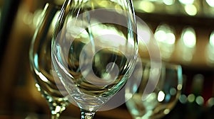 Empty wine glasses on bar, blurred bottles background, restaurant setting