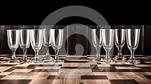 Empty wine glasses on a wooden chessboard