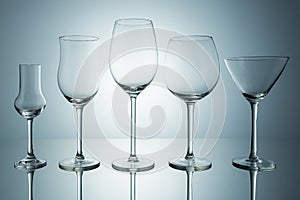 Empty wine, grappa, cocktail glasses