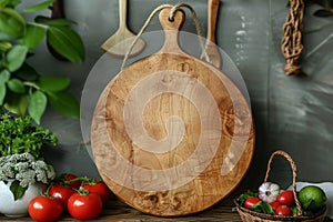 Empty wood cutting board on kitchen counter for food preparation and culinary background