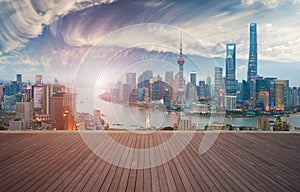 Empty wood floor with bird-eye view at Shanghai bund Skyline