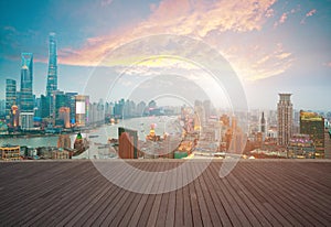 Empty wood floor with bird-eye view at Shanghai bund Skyline